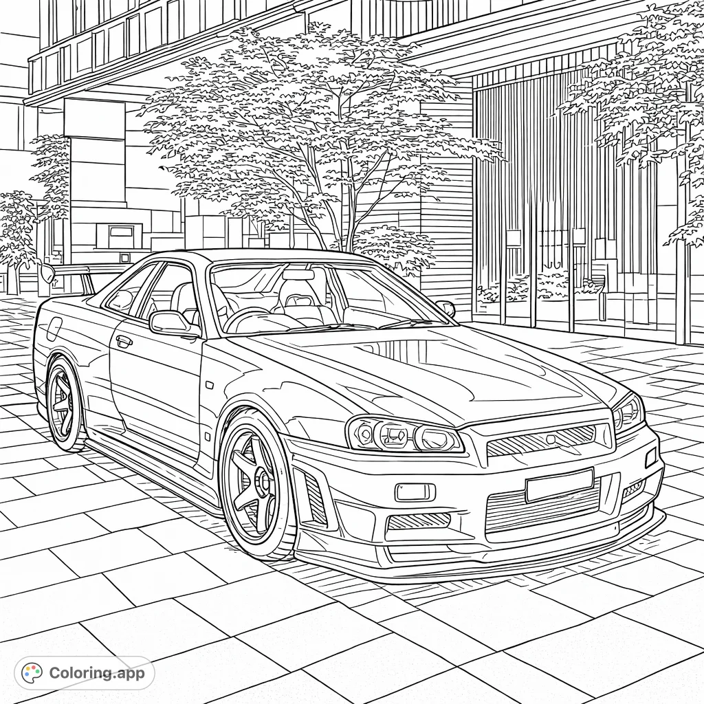 Detailed sports car coloring page, featuring a classic, performance vehicle parked by a modern building. Perfect for car enthusiasts.
