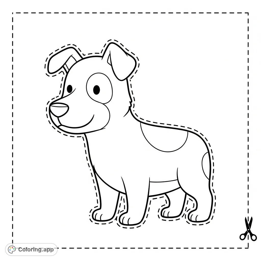 A delightful, simple dog illustration for young children, featuring thick outlines and a dashed cutting line for coloring and scissor skill practice. Perfect for preschool learning.