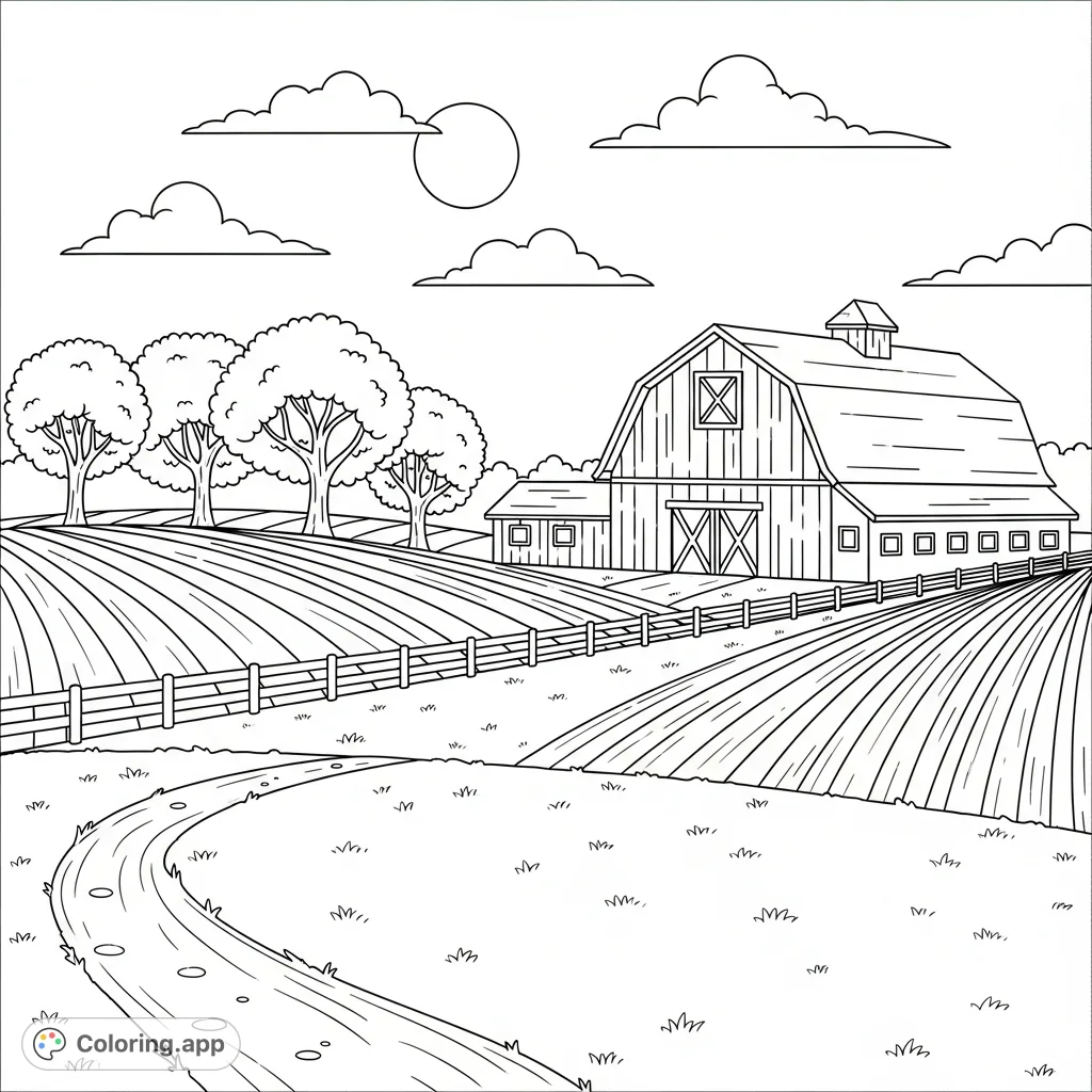 An inviting farm coloring page featuring a barn, fields, and a large empty space, perfect for young artists to add their own farm animals and creativity.