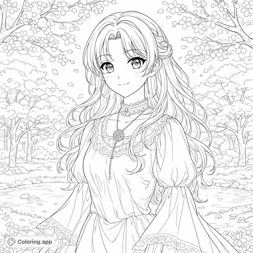 An elegant anime maiden graces a serene spring landscape, surrounded by beautiful blossoming trees and a gentle stream, inviting peaceful creative expression.