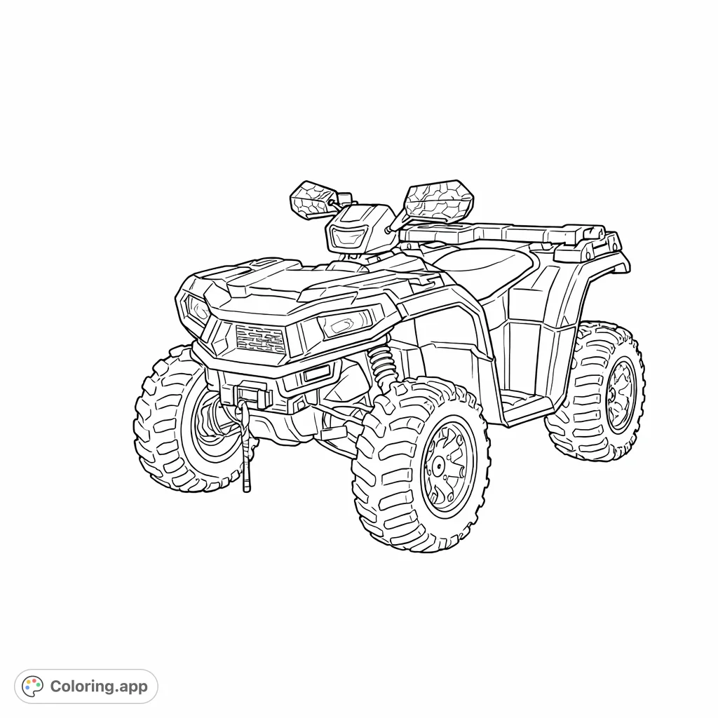 Conquer adventure with this detailed ATV coloring page, showcasing a powerful vehicle with rugged tires, robust frame, and all the gear for extreme off-road exploration.