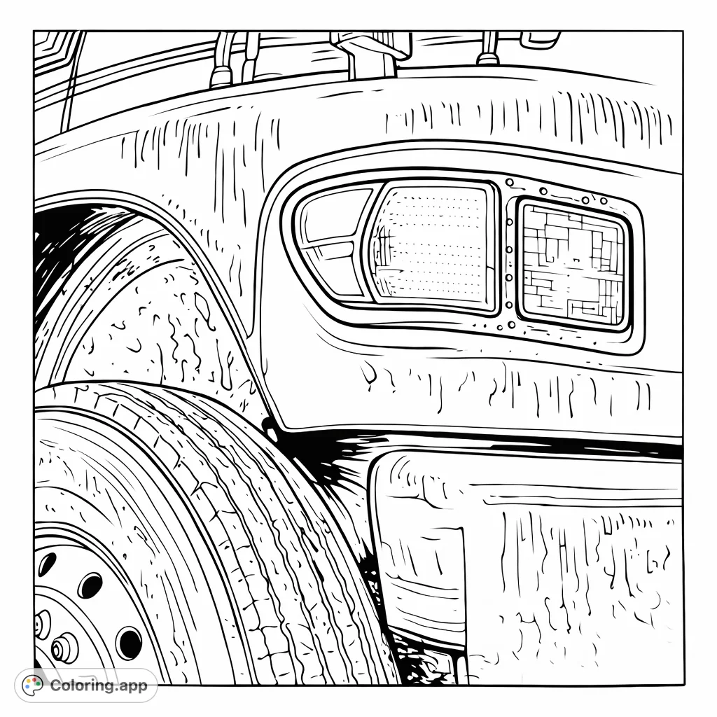 Color a detailed heavy-duty truck front, featuring a prominent tire, headlight assembly, and weathered body. Perfect for vehicle enthusiasts!