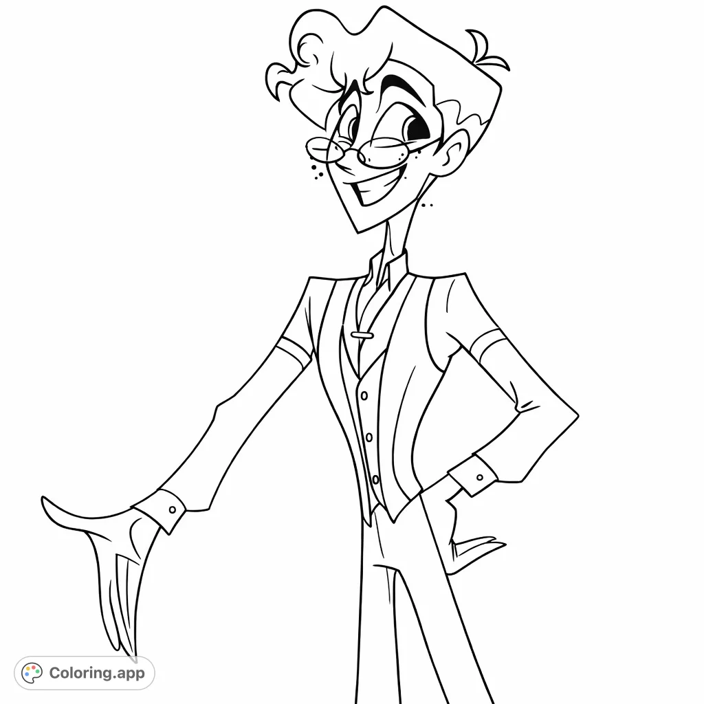 A stylish character with glasses and a wide grin, dressed in a vest and tie, striking a confident pose. Perfect for fans of animated styles.
