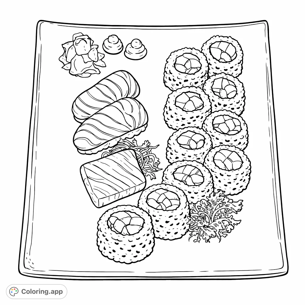 Dive into a delicious sushi platter coloring page featuring nigiri, maki rolls with various fillings, and garnishes. Perfect for foodies and detail-oriented colorists.