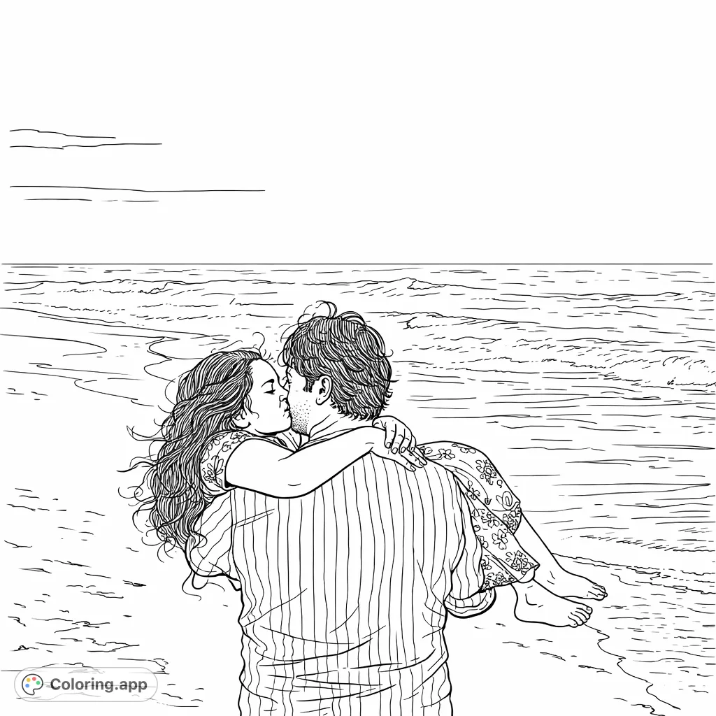 Capture a tender beachfront embrace with this romantic couple coloring page. Perfect for celebrating love by the shore.