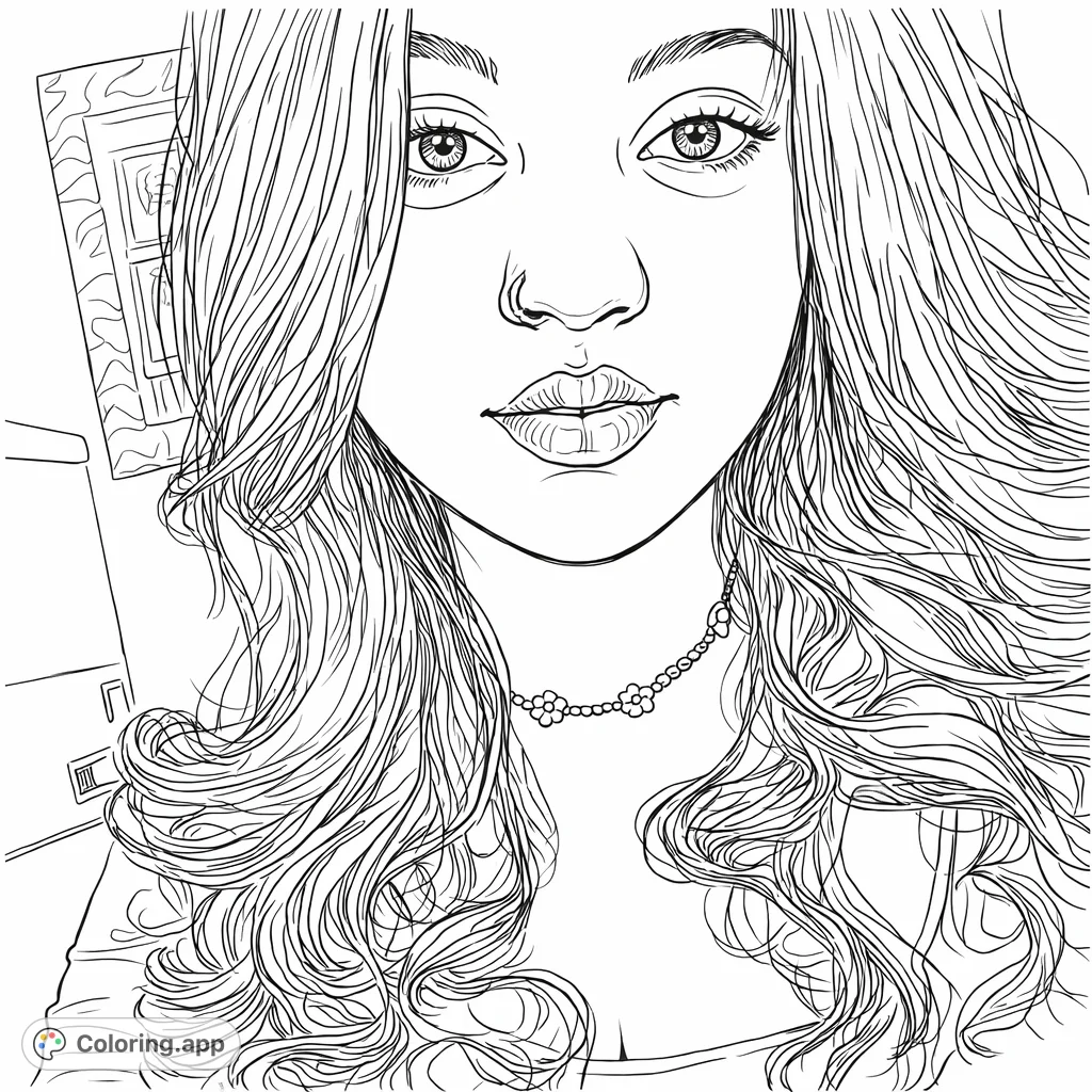 Capture expression and detail in this portrait coloring page featuring a person with flowing hair, a nose ring, and a charming floral choker. Perfect for creative colorists.