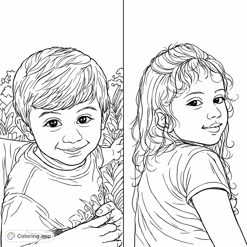 A charming dual portrait featuring a smiling young boy amidst foliage and an older girl looking over her shoulder. Perfect for personalized coloring fun.