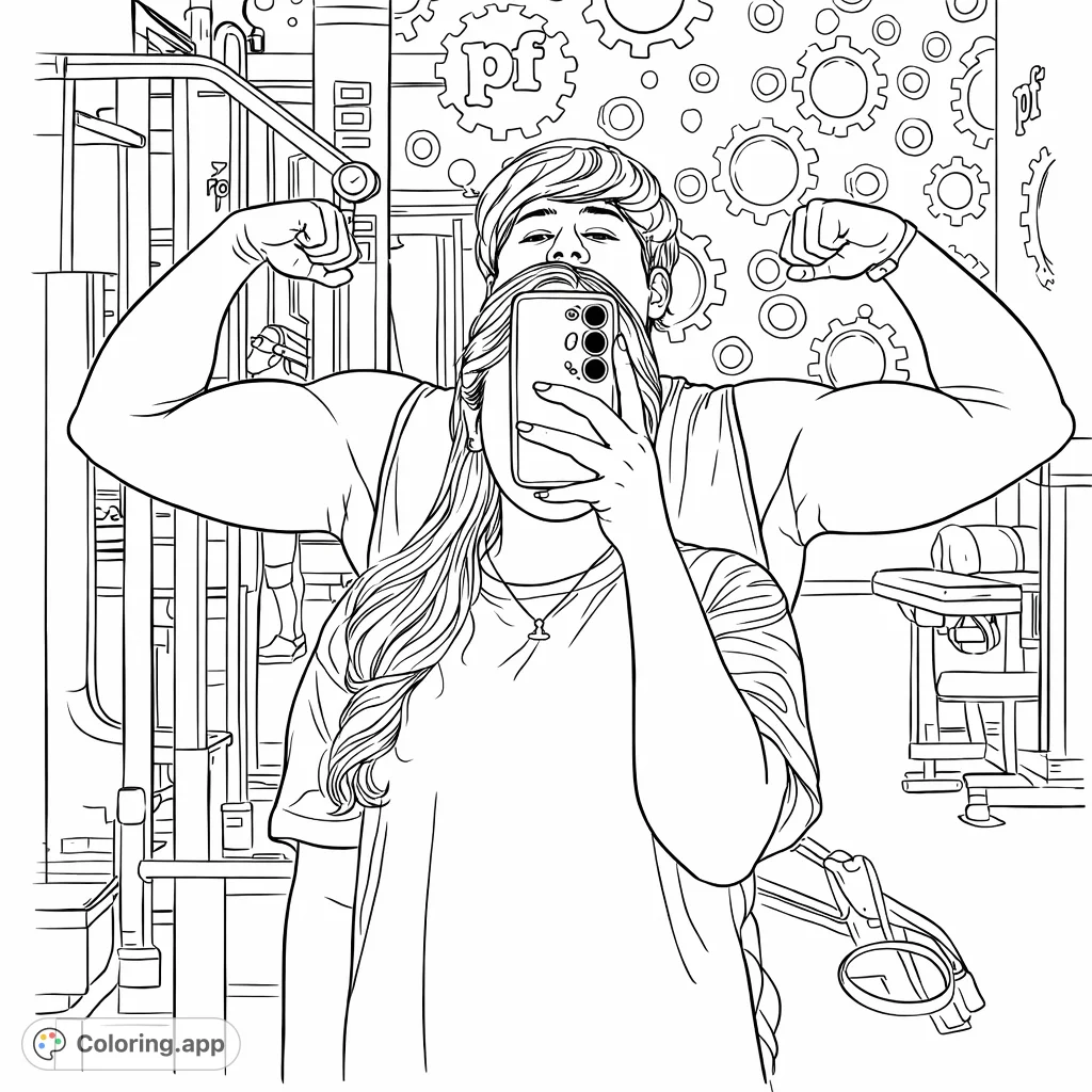 Capture the energy of a gym selfie with a powerful duo. This coloring page features a person taking a mirror photo while another shows off their strength.