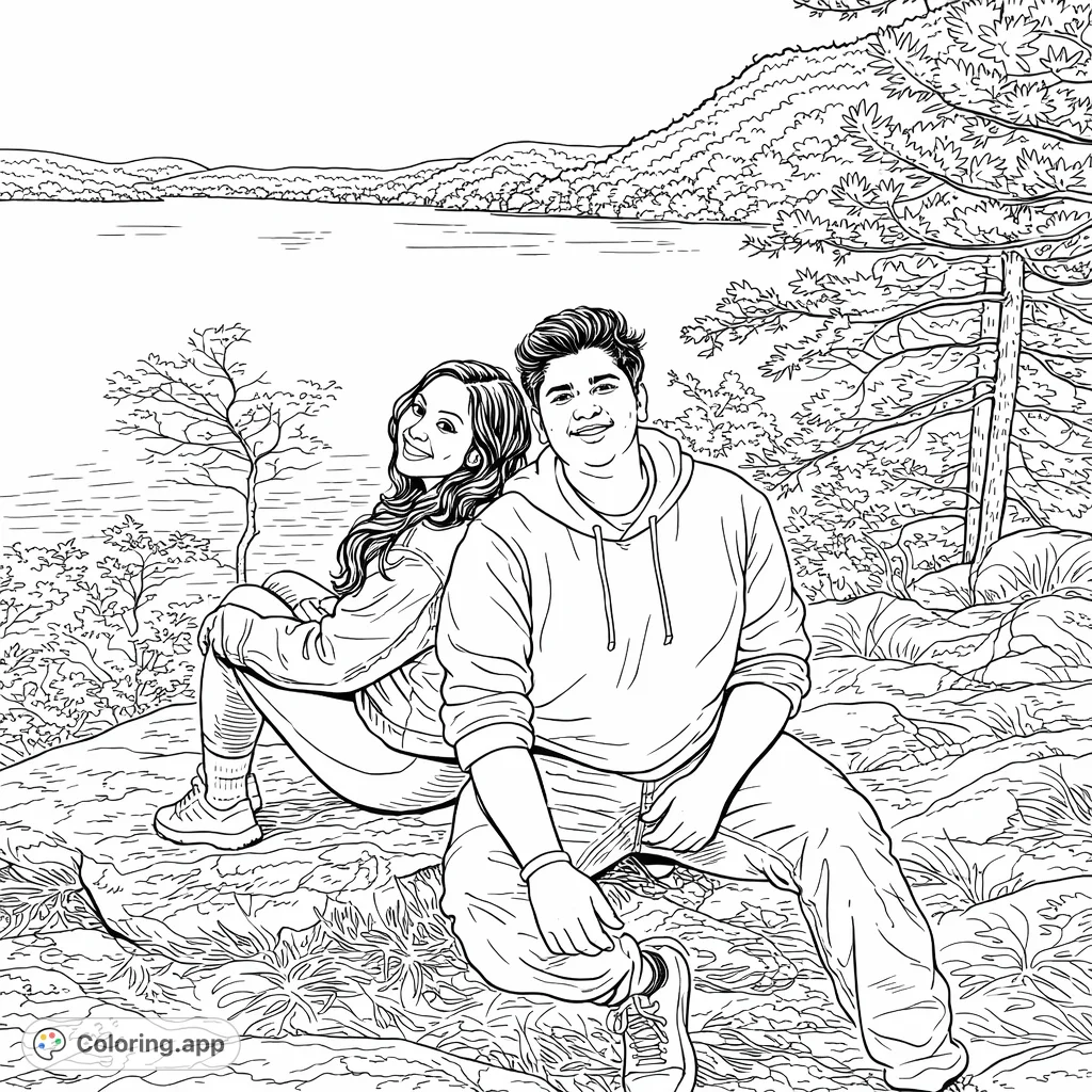 Capture a serene moment with a couple enjoying a scenic lake view from a rocky perch. This free printable coloring page offers moderate detail for a relaxing creative experience.
