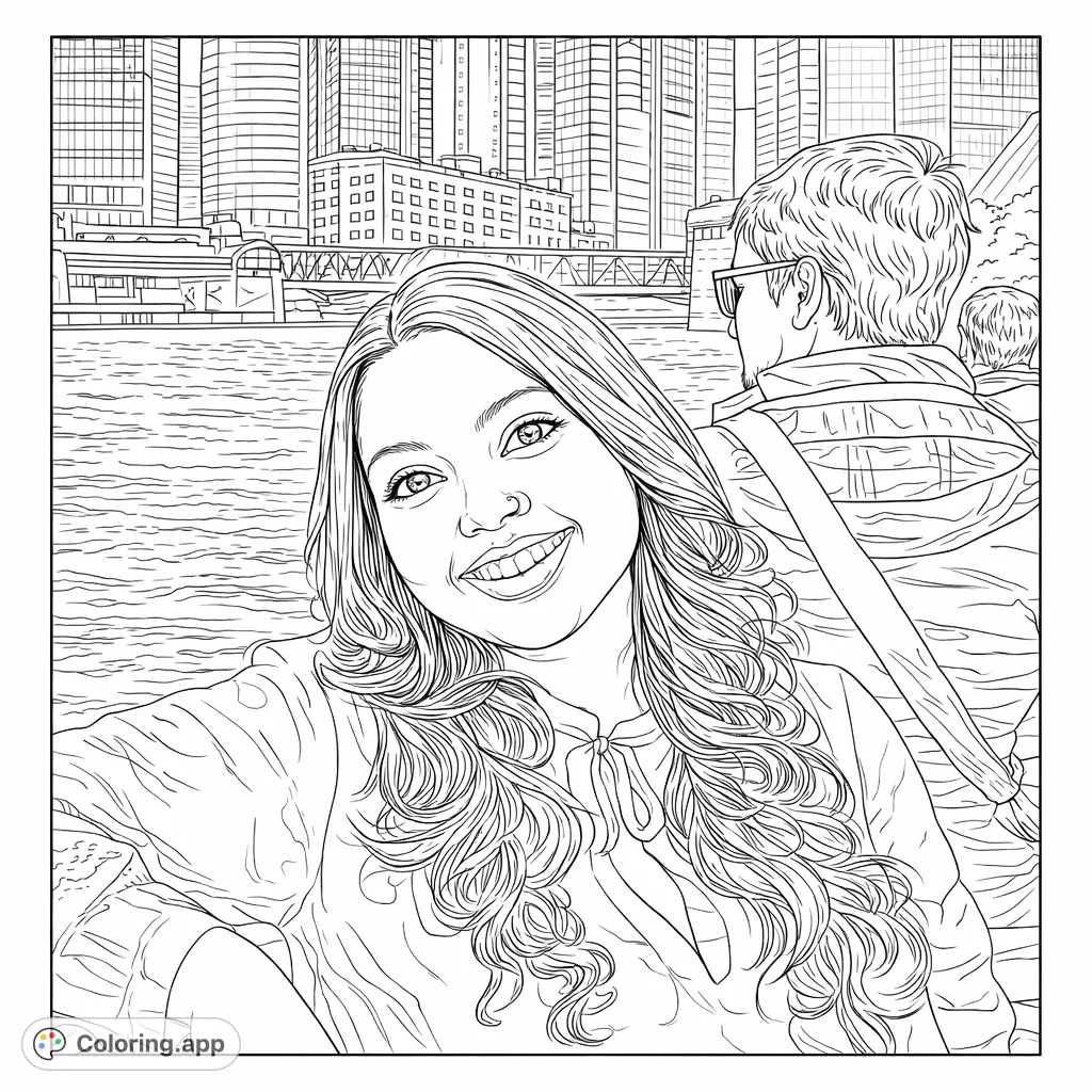 Capture the joy of an urban adventure with this portrait featuring a smiling individual against a backdrop of towering city structures and a scenic waterway. Free printable portrait coloring page for adults and teens.