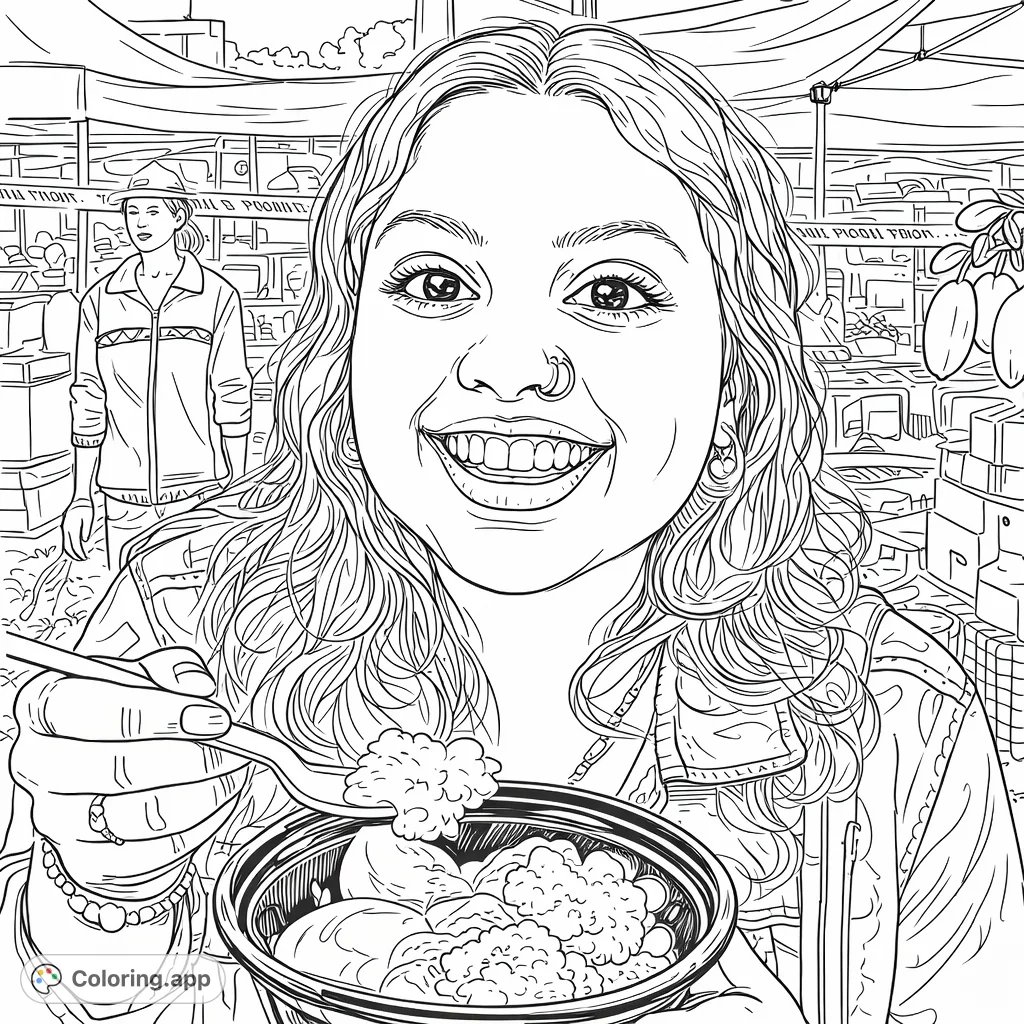 A person beaming with joy, enjoying sweet treats at a bustling outdoor market. This delightful scene invites colorists to capture the vibrant energy of a festive gathering.
