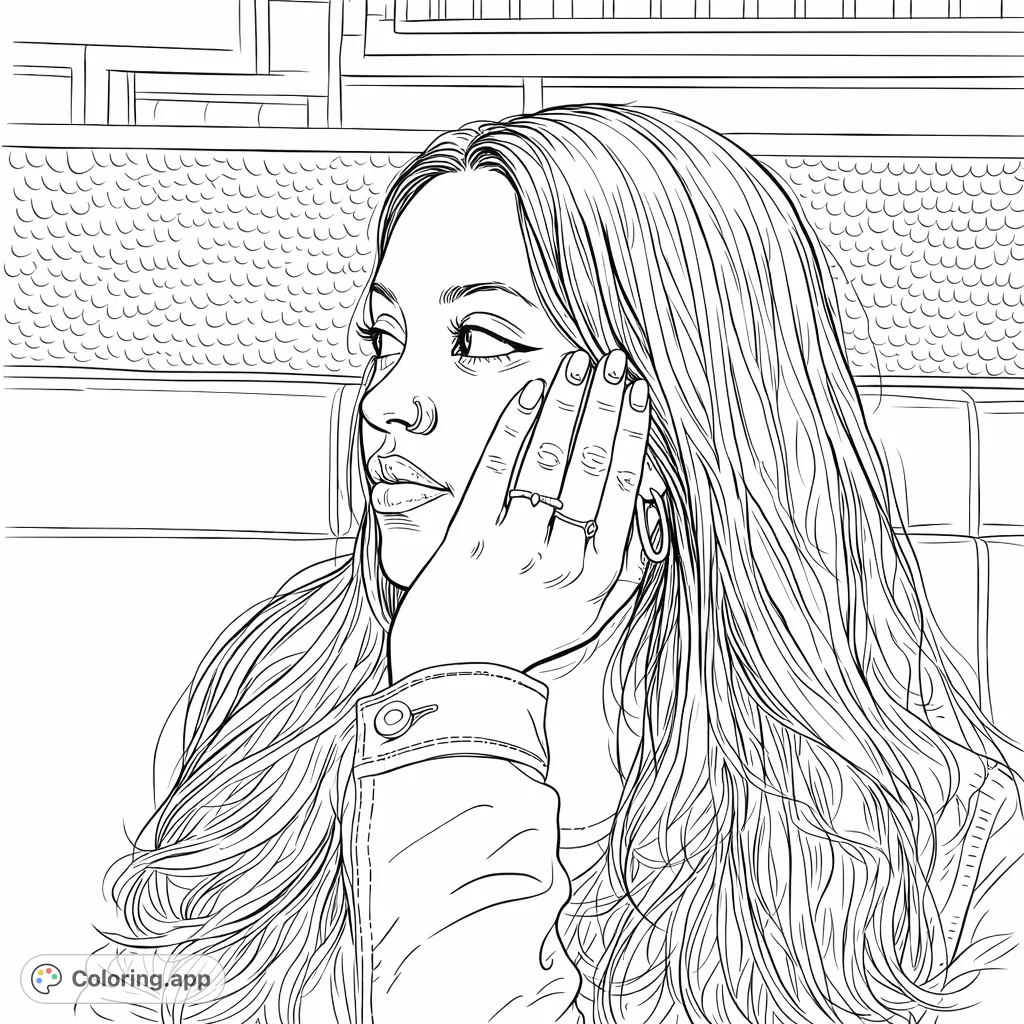 A captivating portrait of a young person in a detailed denim jacket, resting their head on their hand, looking thoughtfully to the side. Features intricate hair and clothing details.