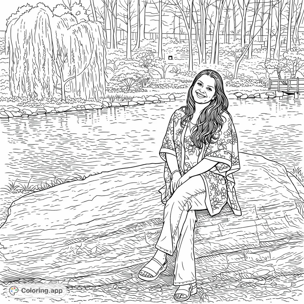 Relax by the water with this charming coloring page. A young woman sits on a large rock amidst a serene lakeside landscape, perfect for mindful coloring.