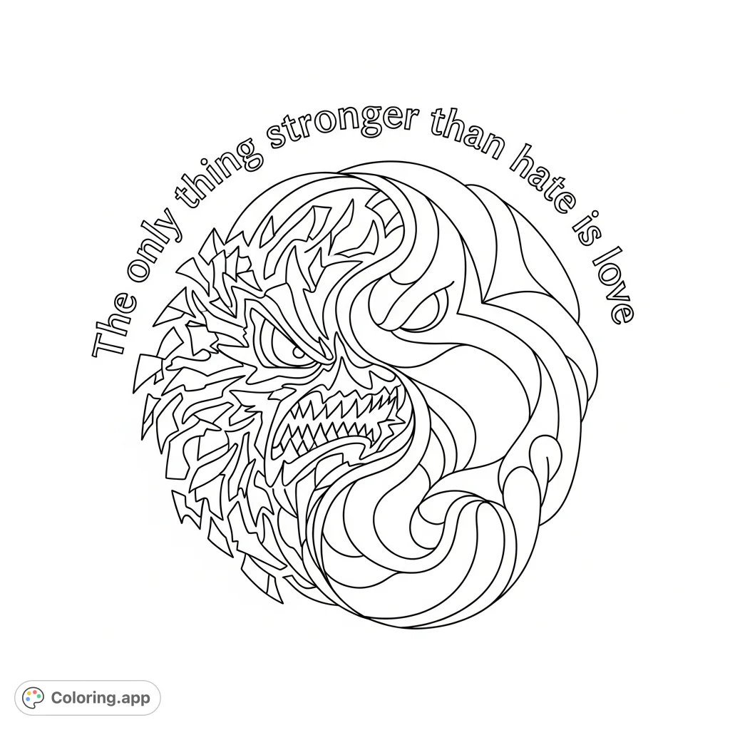 An inspiring abstract coloring page depicting love symbolically embracing and overpowering hate. Features the profound quote 'The only thing stronger than hate is love'.