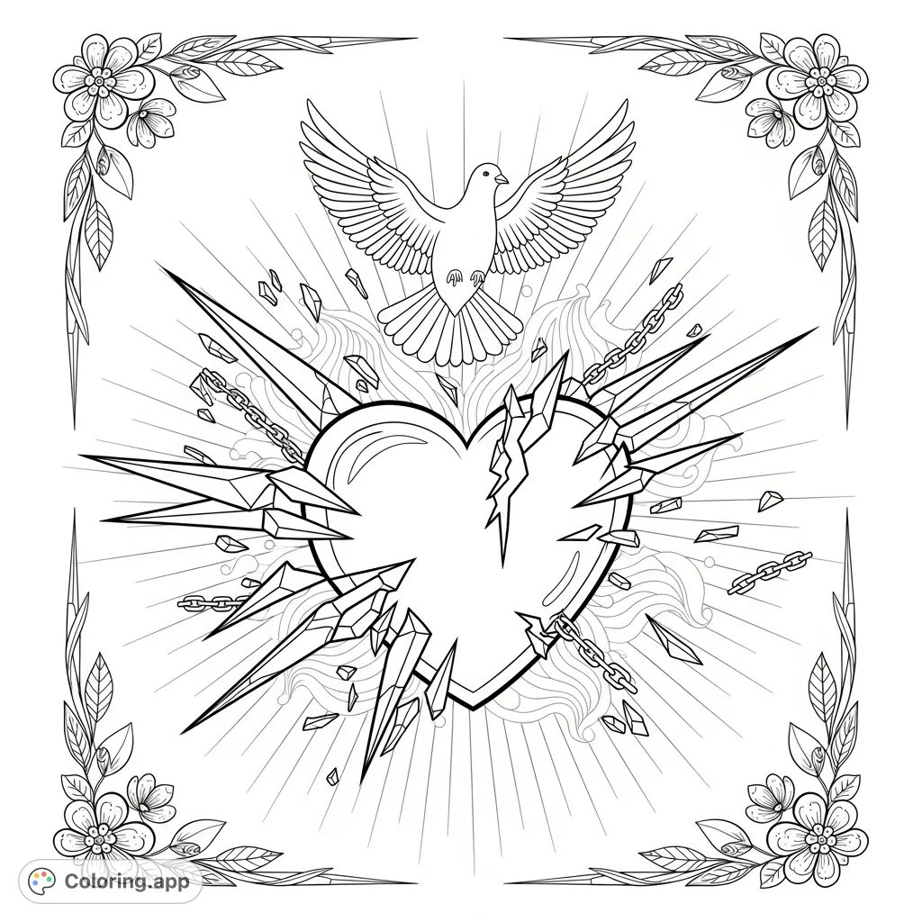 Explore the profound message that love overcomes adversity in this symbolic coloring page. Featuring a central heart motif with elements of peace and resilience.