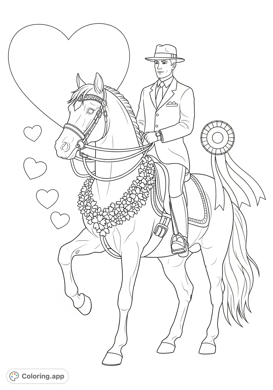 A grand rearing horse with a formally dressed rider, adorned with a floral garland and ribbons, set against a backdrop of decorative heart shapes. Elegant and detailed.