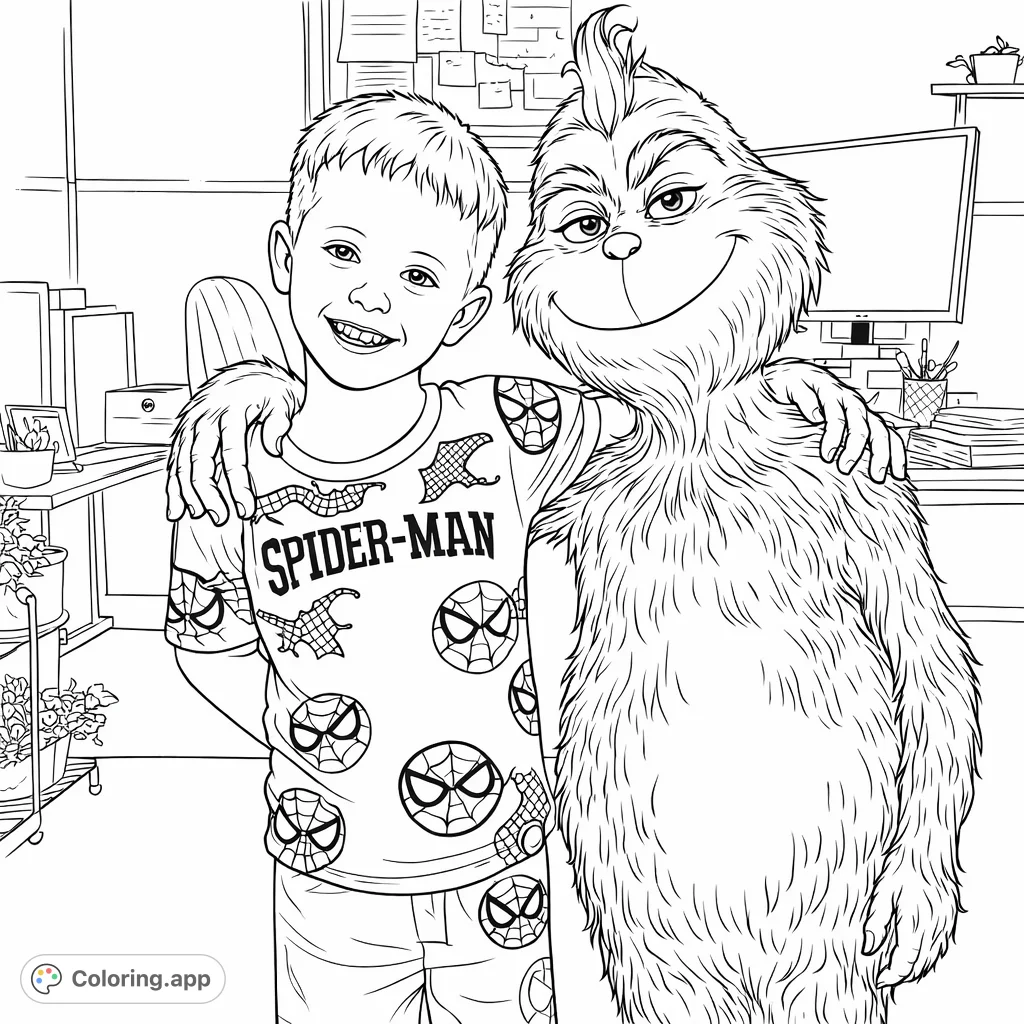 A heartwarming scene featuring a cheerful boy alongside a beloved, furry character. Perfect for imaginative holiday coloring fun!