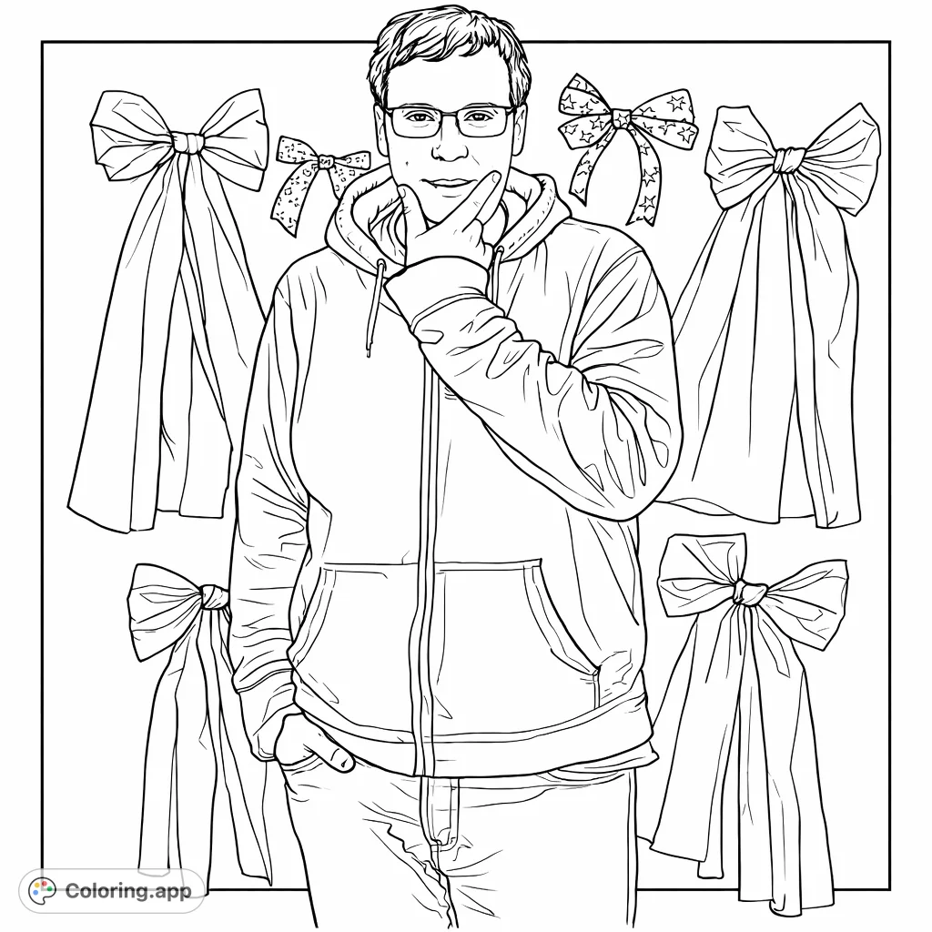Capture a man in glasses and a hoodie, surrounded by large, decorative bows and patterned ribbons. A unique, engaging portrait with festive elements.