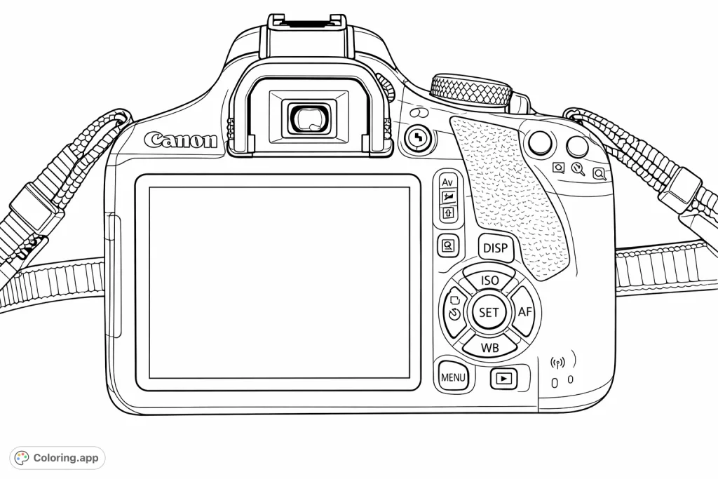 Explore the intricate details of a DSLR camera's back, featuring its viewfinder, LCD screen, and array of functional buttons. A perfect tech-themed coloring page for all ages.