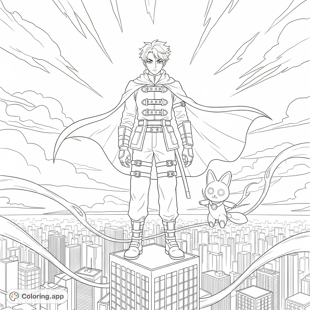 A Kpop demon hunter and their ethereal guardian overlook a sprawling city, battling unseen forces amidst towering skyscrapers. Unleash your creativity!