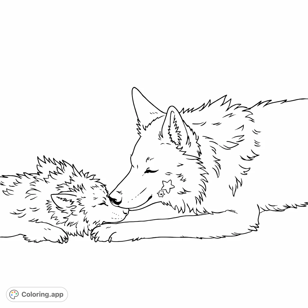 A gentle wolf-like creature rests with a small companion, inviting a moment of peace. Perfect for animal lovers to personalize with imaginative shades.