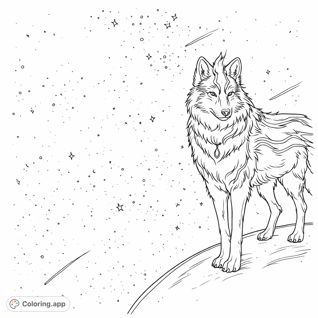 An majestic wolf stands on a celestial body, gazing into a vast starry cosmos with dynamic energy patterns across its fur and the sky.