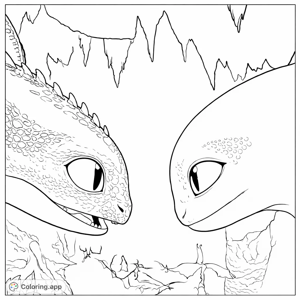 Discover the tender connection between two enchanting dragons in a mystical cavern. An adventurous and heartwarming dragon coloring page for all ages.
