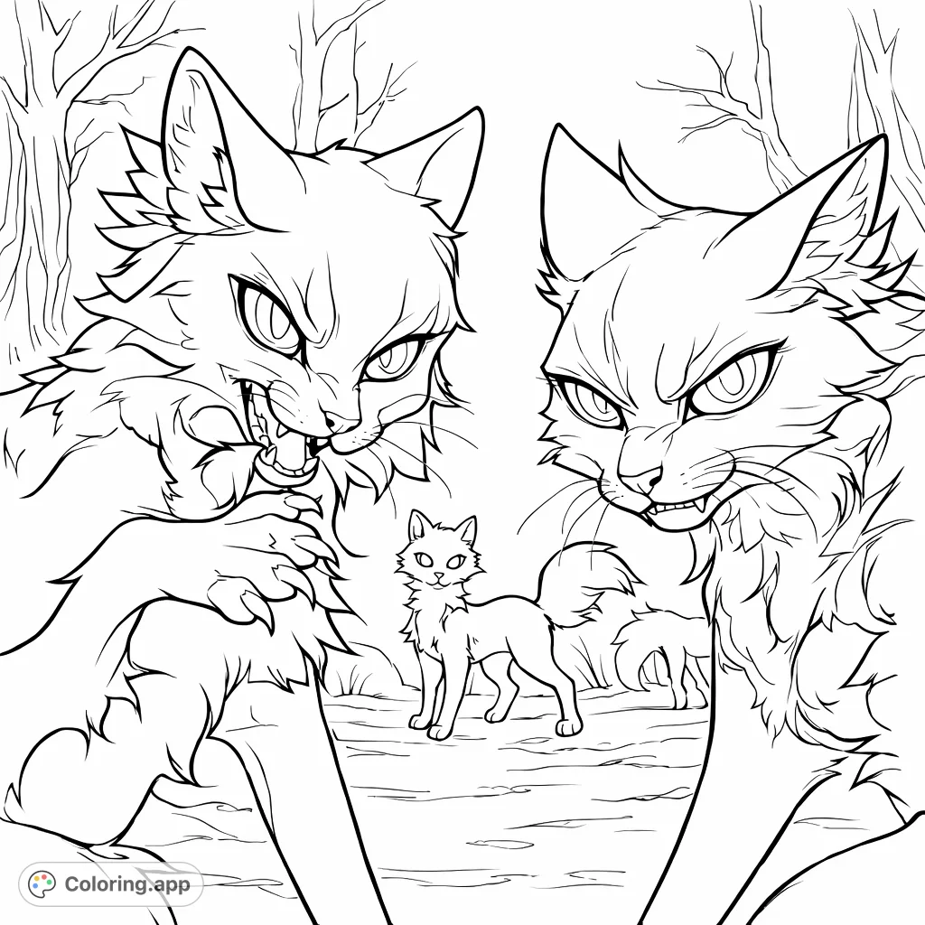 Two expressive feline guardians confront each other in a mystical forest, while smaller creatures observe. A dramatic scene for animal lovers.