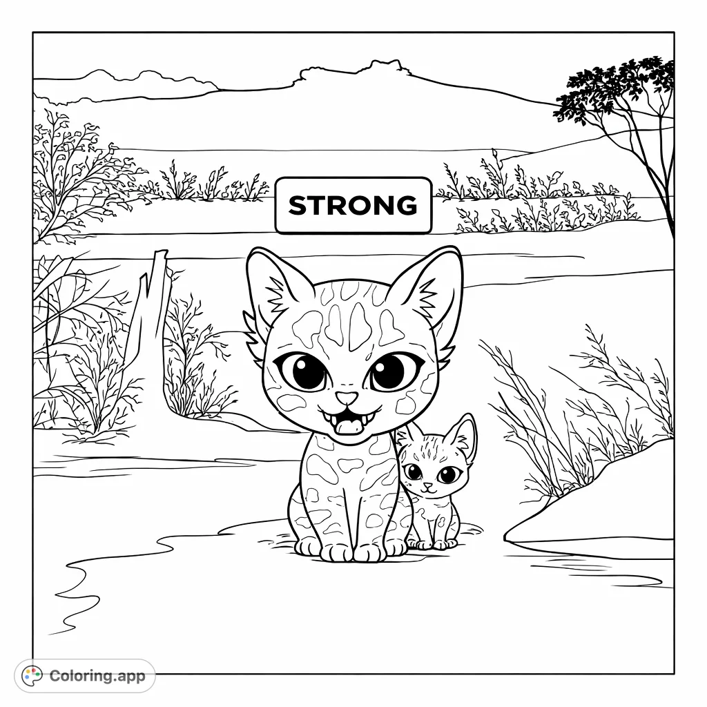 A determined warrior cat and its brave kitten stand in a rugged wilderness. Intricate fur patterns and a dramatic landscape offer an exciting coloring adventure.