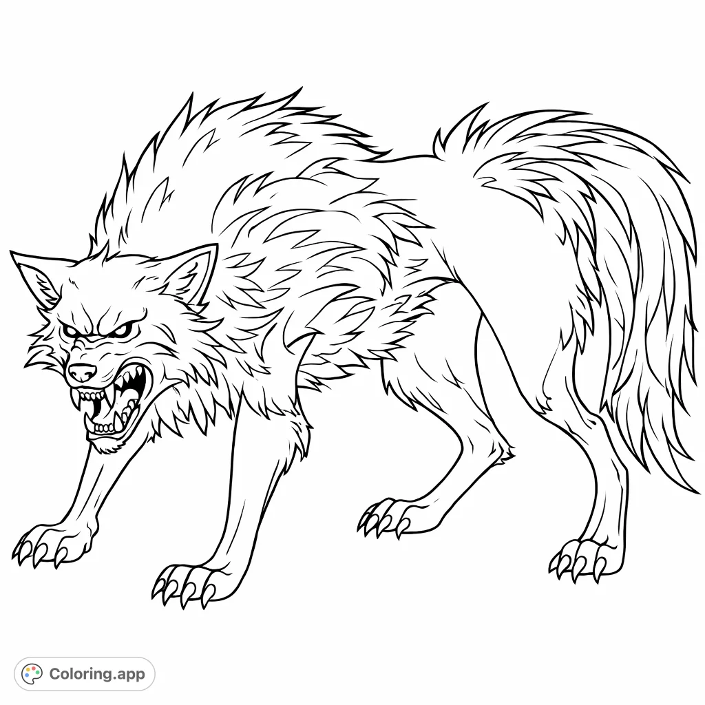 Unleash your creativity with this powerful wolf coloring page. Features a fierce wolf with bared fangs and intense eyes, perfect for an exciting coloring adventure.