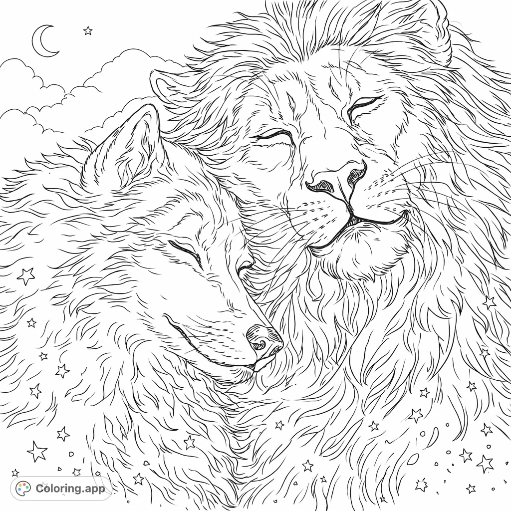 A heartwarming scene featuring a majestic lion and a gentle wolf embracing under a celestial sky. Capture the bond and serenity in this mystical animal coloring page.
