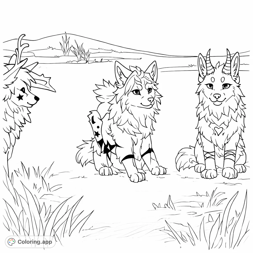 Discover a mystical wolf pack in a serene landscape. This fantasy wolf coloring page features three unique, winged canine creatures with intricate details.