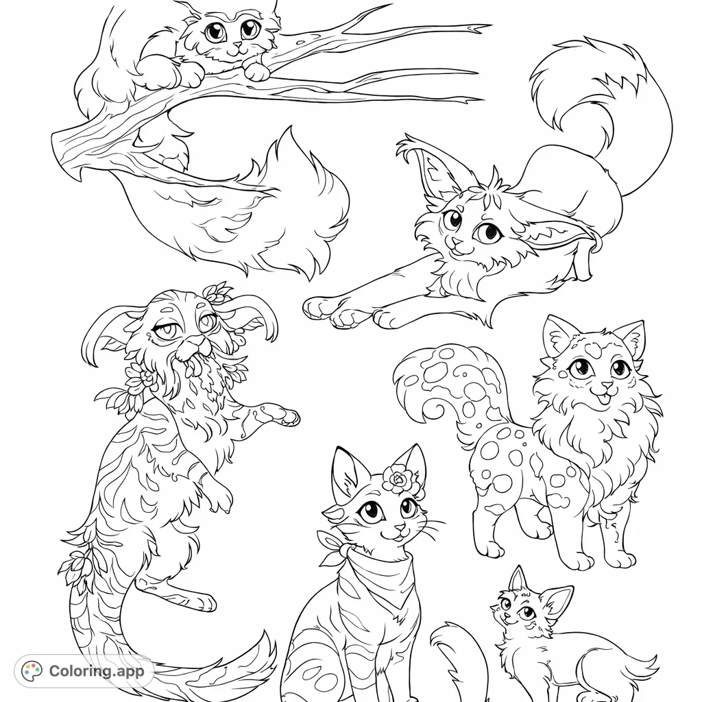 A charming collection of unique cartoon cats in various playful poses, from stretching to lounging, ready for a creative splash of color.