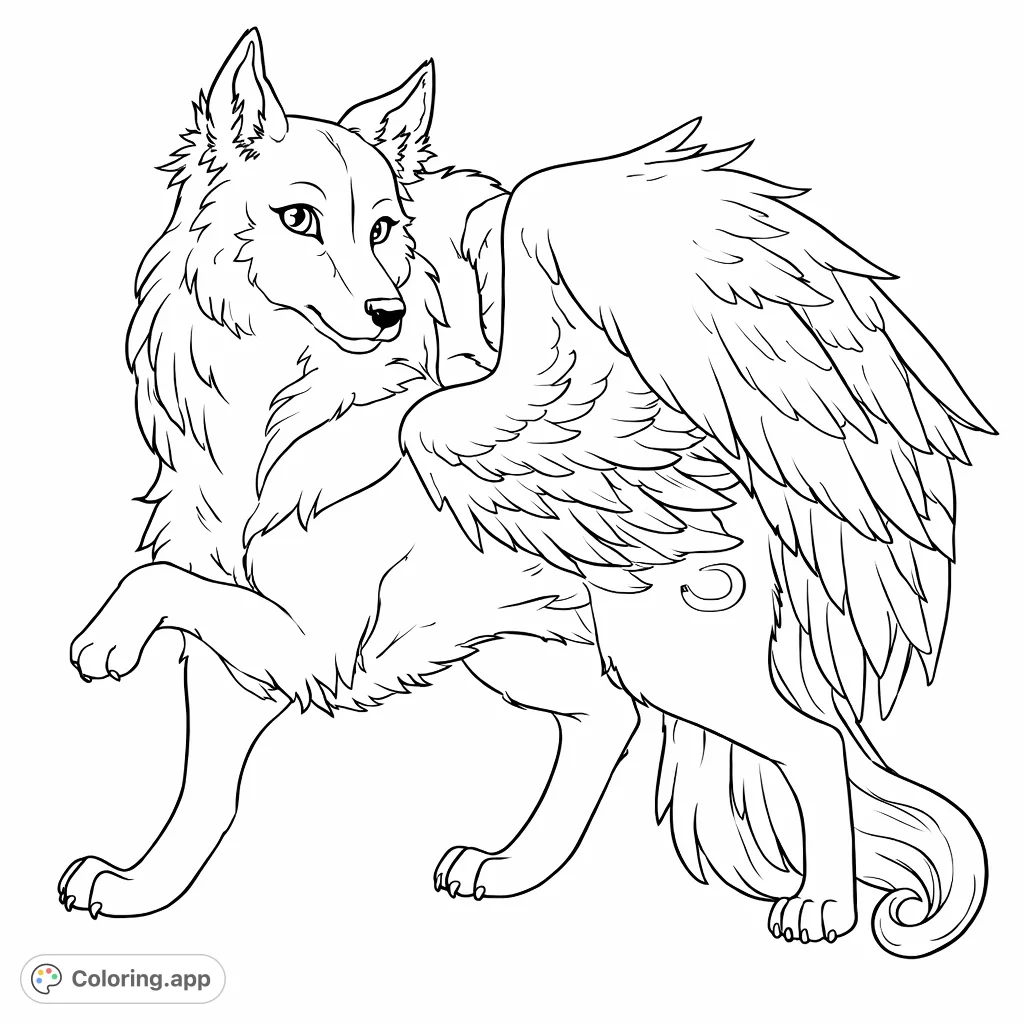 Color a majestic winged wolf with intricate feathered wings and flowing fur, standing in a dynamic pose. A captivating fantasy creature awaiting your artistic touch.