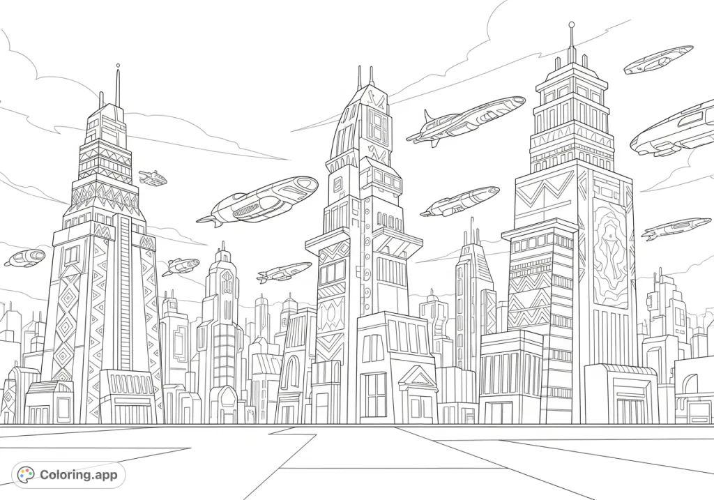 Explore a unique Afrofuturistic cityscape! Towering buildings with geometric African patterns rise above floating vehicles in this inspiring, free printable coloring page.