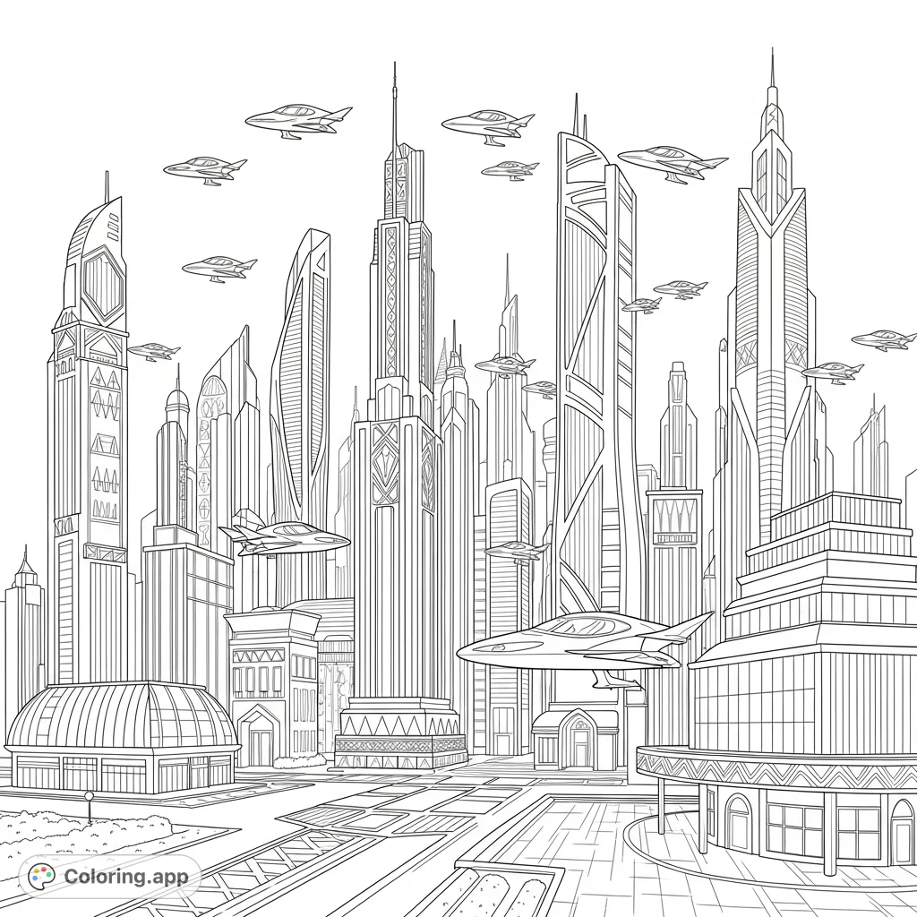 Explore a stunning Afrofuturistic city with towering skyscrapers and sleek flying cars. A dynamic, inspiring scene perfect for creative expression.