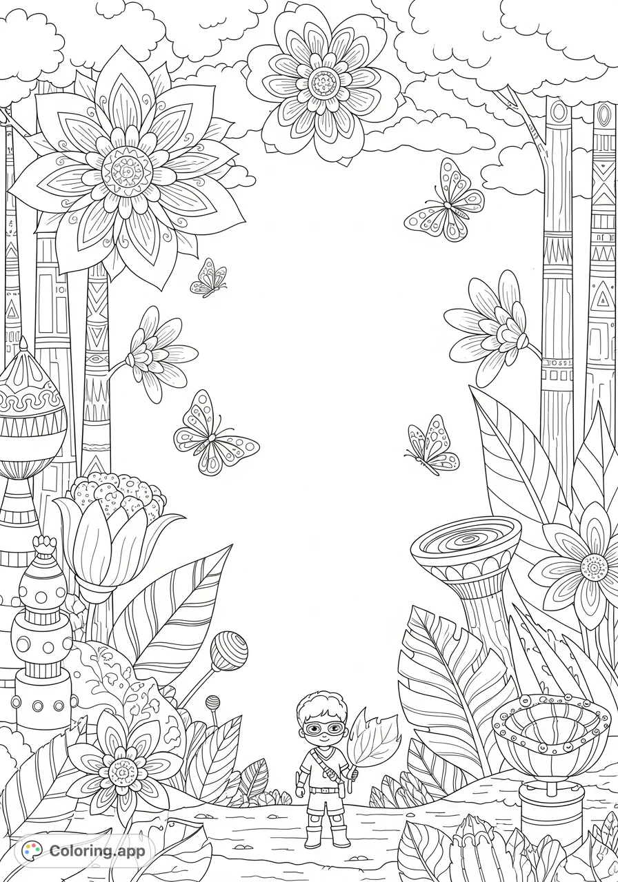 Explore an Afrofuturistic nature world with giant patterned flowers, unique trees, and whimsical butterflies, leaving space for a child hero to protect nature.