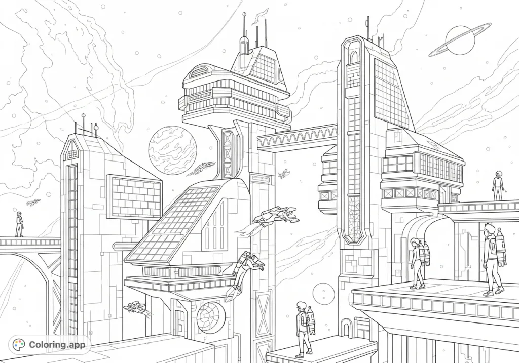 Explore a detailed Afrofuturistic school in space, featuring majestic spaceship-shaped buildings and students using jetpacks. A captivating, free printable coloring page.