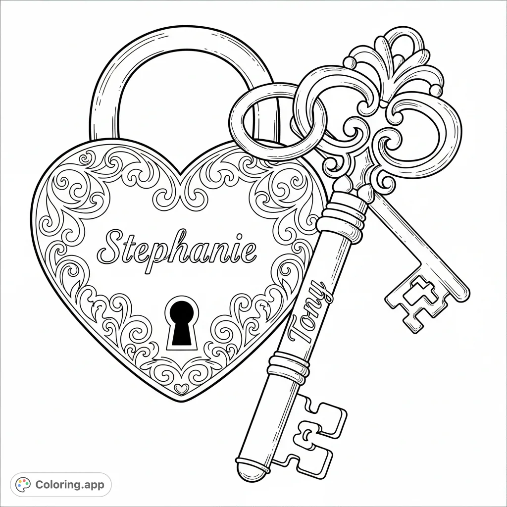 Color a beautiful heart-shaped lock bearing "Stephanie" and an ornate key with "Tony". Perfect for personalizing and expressing affection.