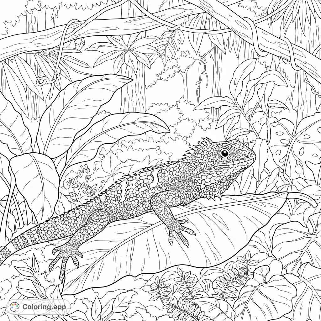 Discover a captivating jungle lizard basking on a leaf amidst lush plants. A beautiful nature coloring page, perfect for all ages.