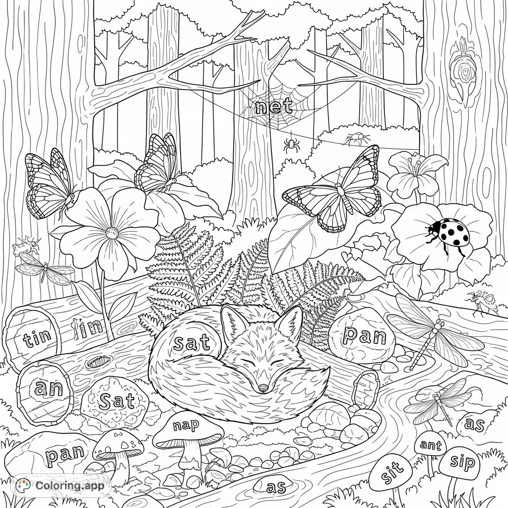 Discover a tranquil enchanted forest coloring page featuring a resting fox, hidden words, and abundant details like insects, flowers, and a stream.
