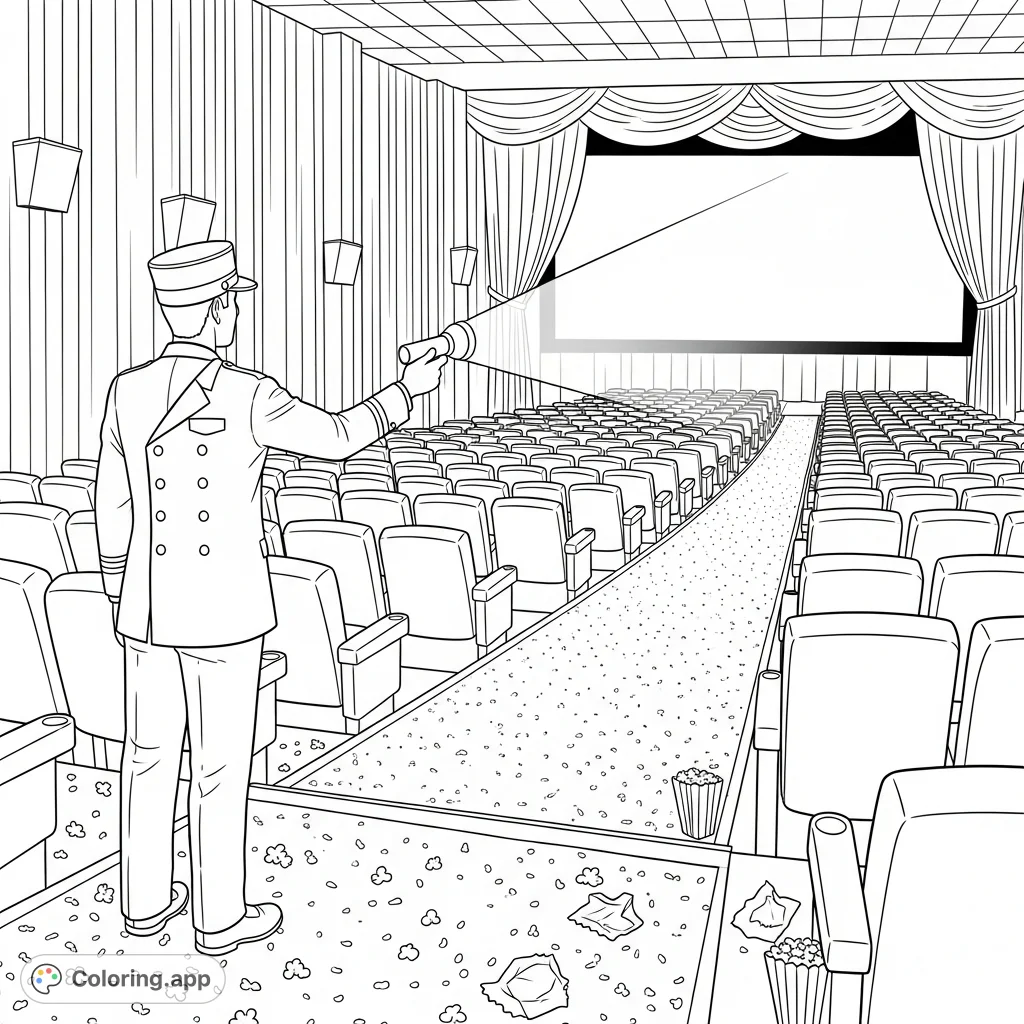 Step into a classic cinema with an usher guiding the way. This movie theater coloring page features detailed seats, plush curtains, and scattered snacks.