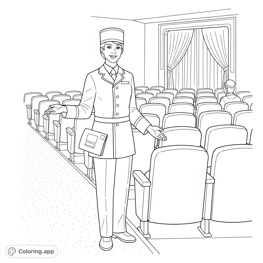 Explore the usher's role in a theater, guiding patrons to seats and handing out programs. A great free printable career coloring page.