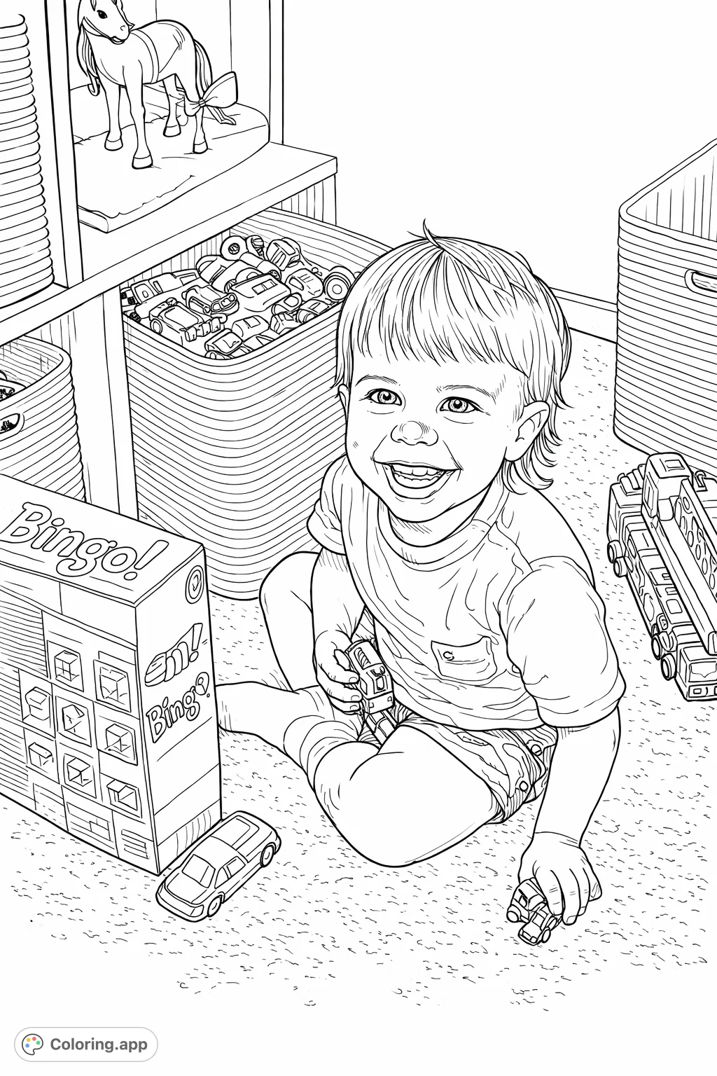 Capture the joy of a child playing with toy cars and games on a comfy floor. This charming scene offers delightful details for a creative coloring experience.