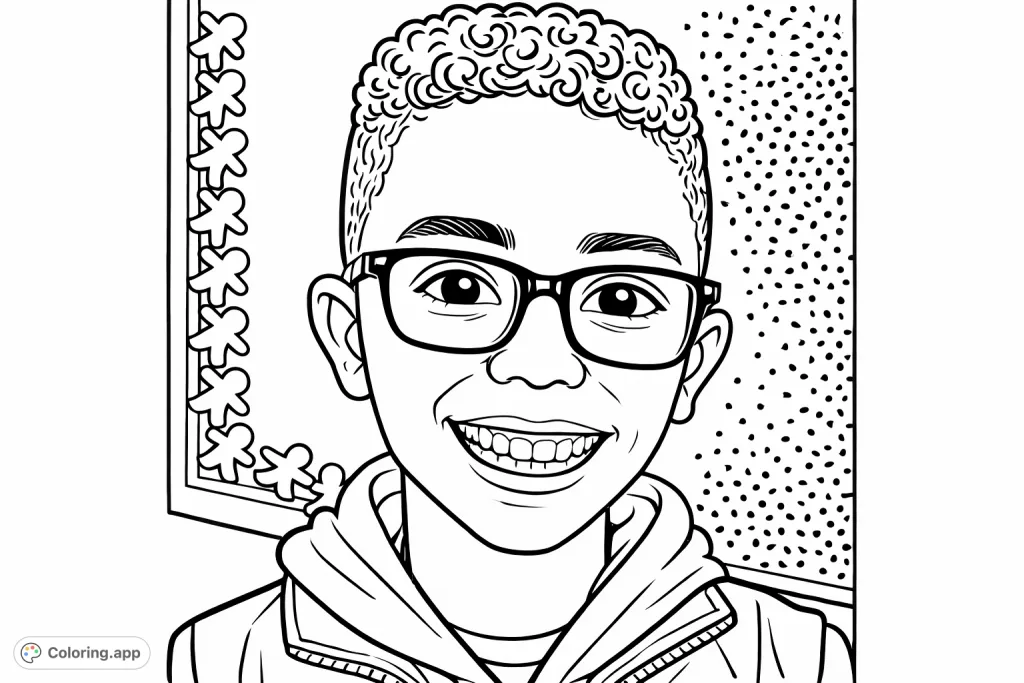 Capture a joyful moment with this cartoony coloring page featuring a smiling boy in glasses against a fun patterned background. Perfect for creative expression!