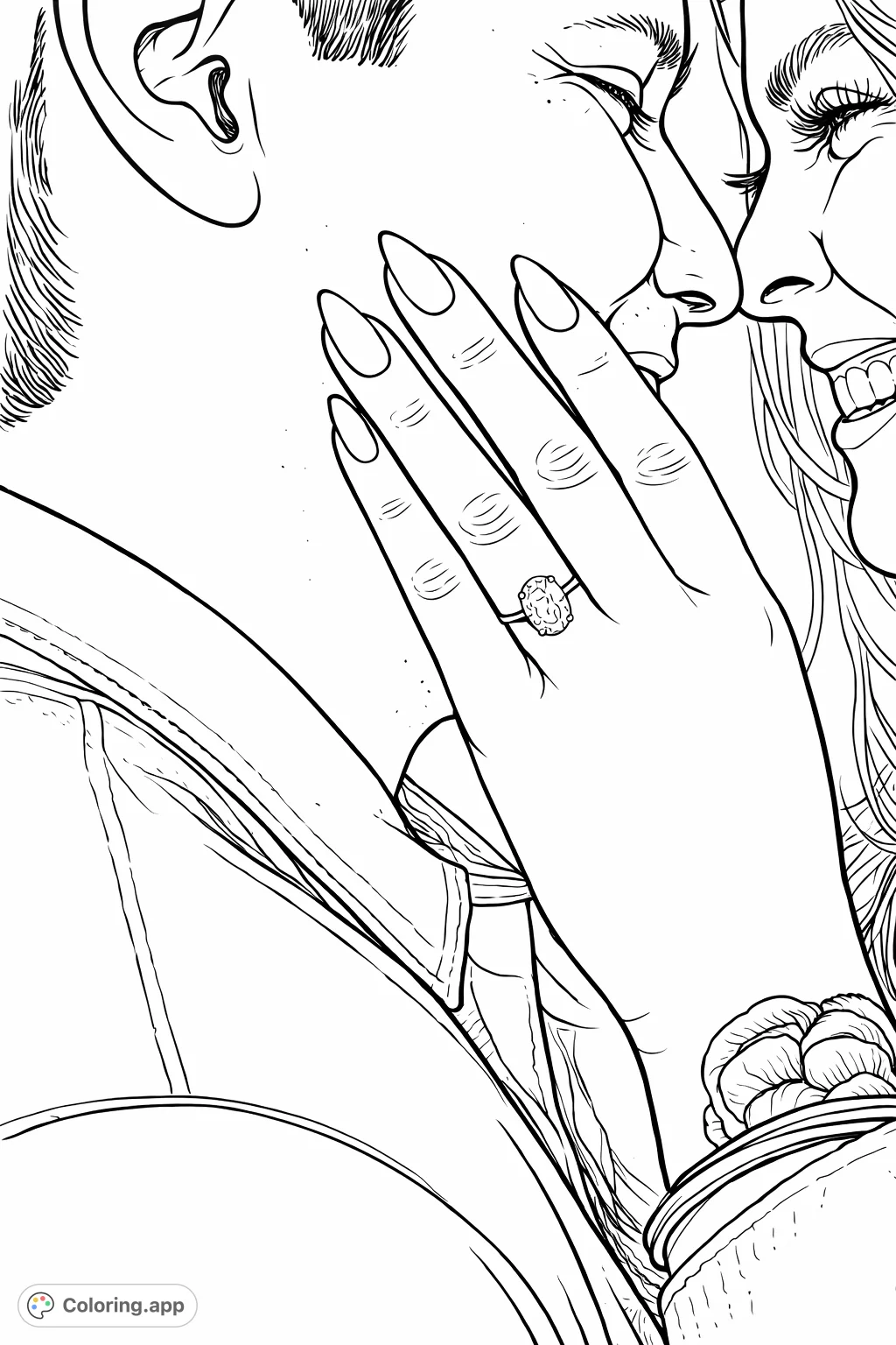 A tender moment featuring an oval engagement ring on a hand gently caressing a cheek, symbolizing love and connection for an intimate coloring experience.