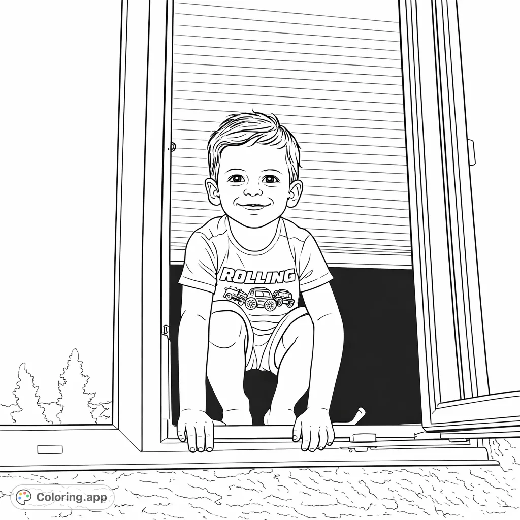 A cheerful boy peeks from an open window, ready for creative coloring. This playful scene invites imagination and detail, perfect for young artists.