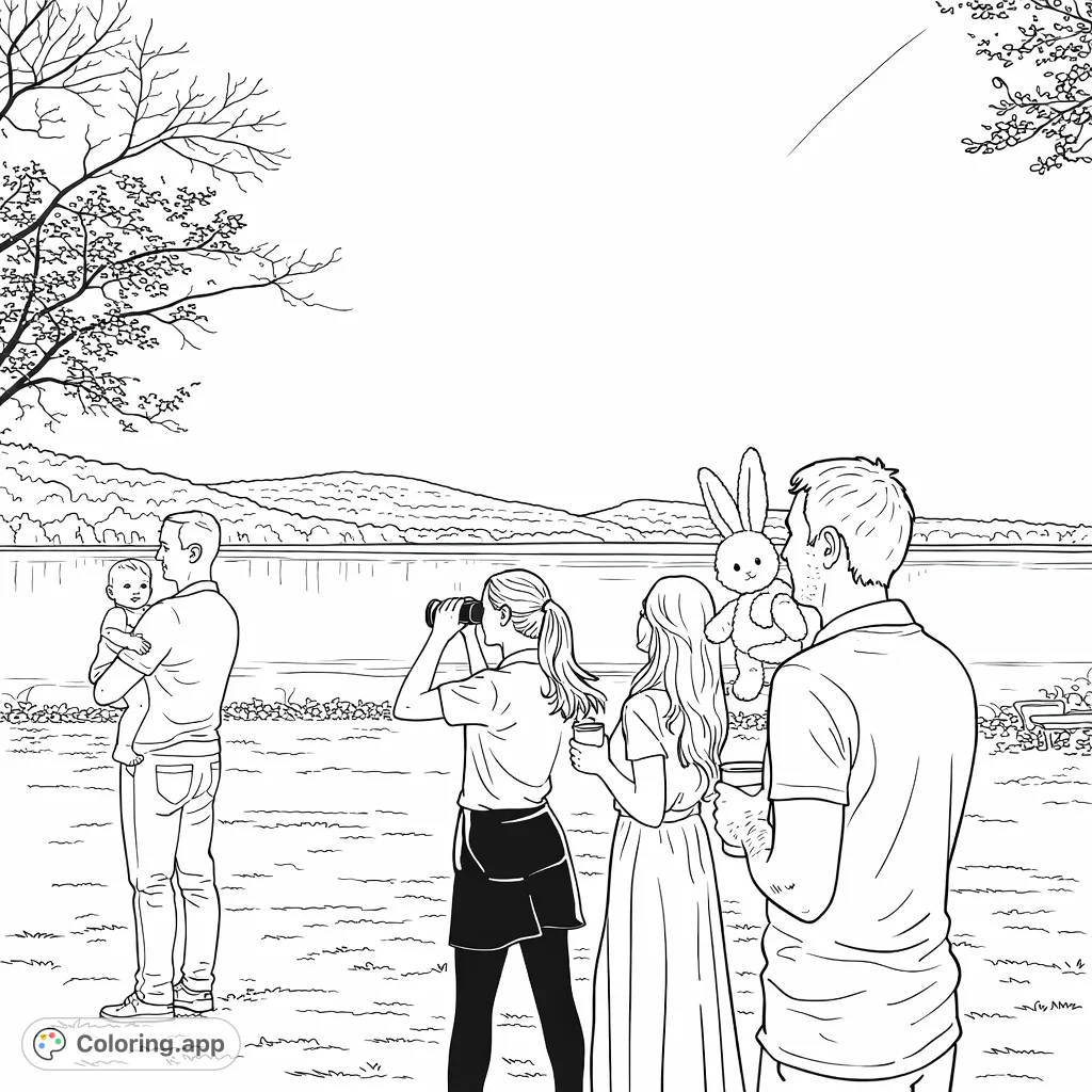 A heartwarming family scene by a serene lake, capturing a special moment with a baby, a photographer, and a fun-loving group, surrounded by nature.