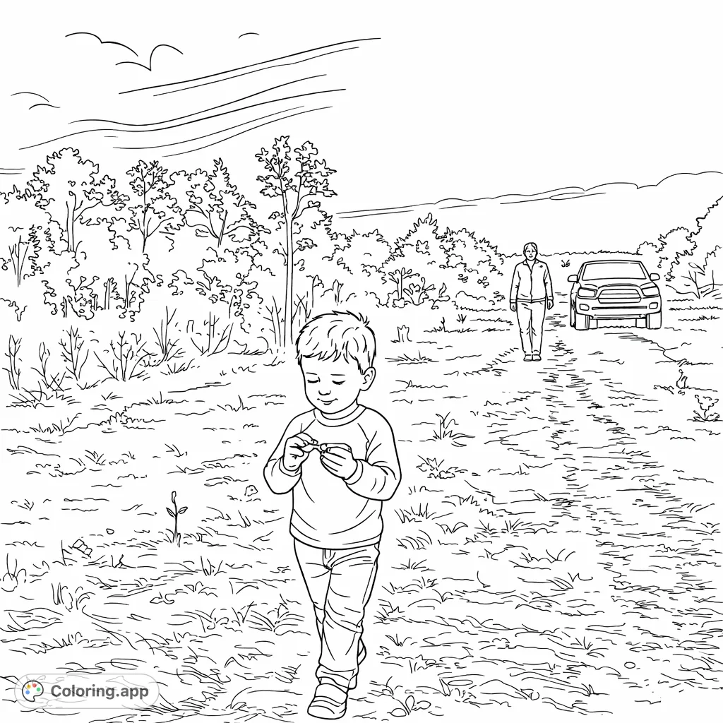 A charming outdoor scene featuring a child examining a treasure on a grassy path, with an adult and truck in the background under a cloudy sky.