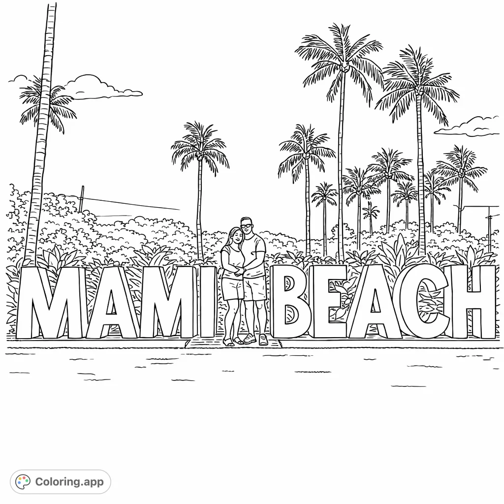 Color a vibrant scene featuring the iconic Miami Beach sign, a couple, and lush palm trees. Perfect for a tropical escape coloring page.
